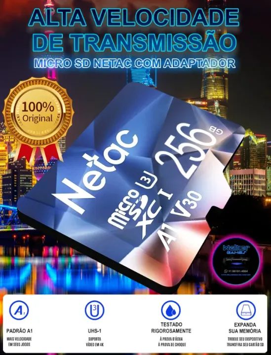 Micro SD Netac 256 GB Classe 10 Ultra High Speed 3 com Adaptador (Novo - Original)