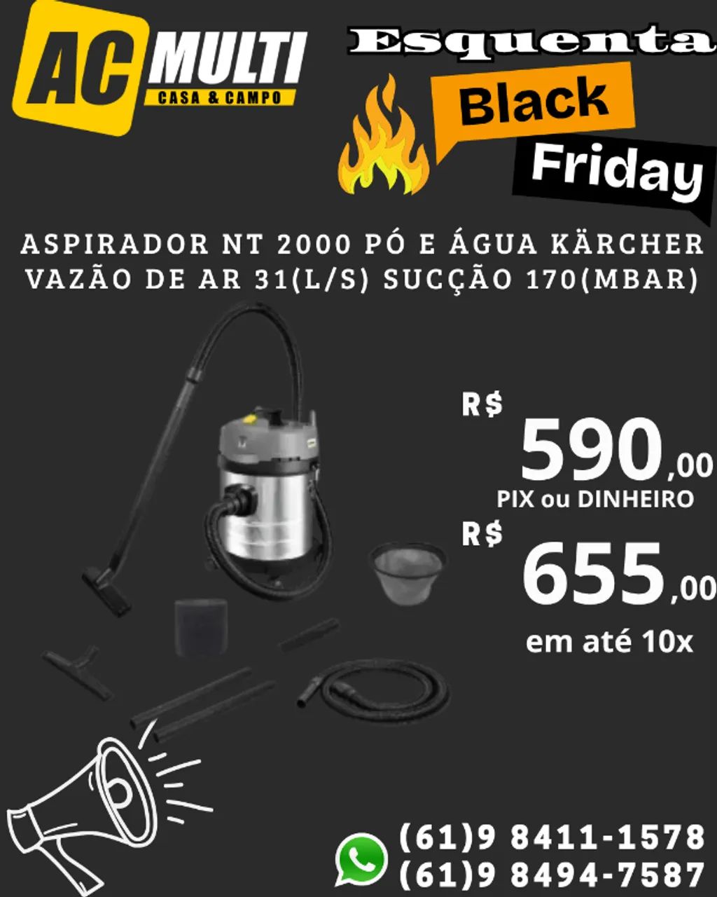 Aspirador NT 2000 PÓ E ÁGUA Kärcher Vazão de Ar 31(L/s) Sucção 170(mbar)
