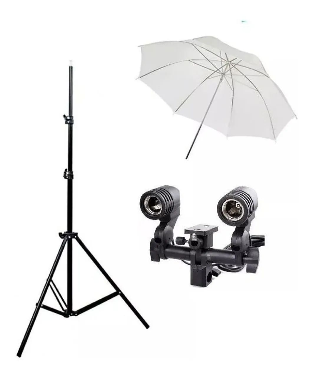 Kit Sombrinha Difusora Branca + Soquete Duplo E27 + Tripé<br>