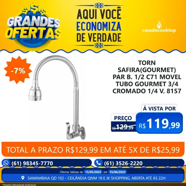 TORN SAFIRA(GOURMET) PAR B. 1/2 C71 MOVEL TUBO GOURMET 3/4 CROMADO 1/4 V. 8157