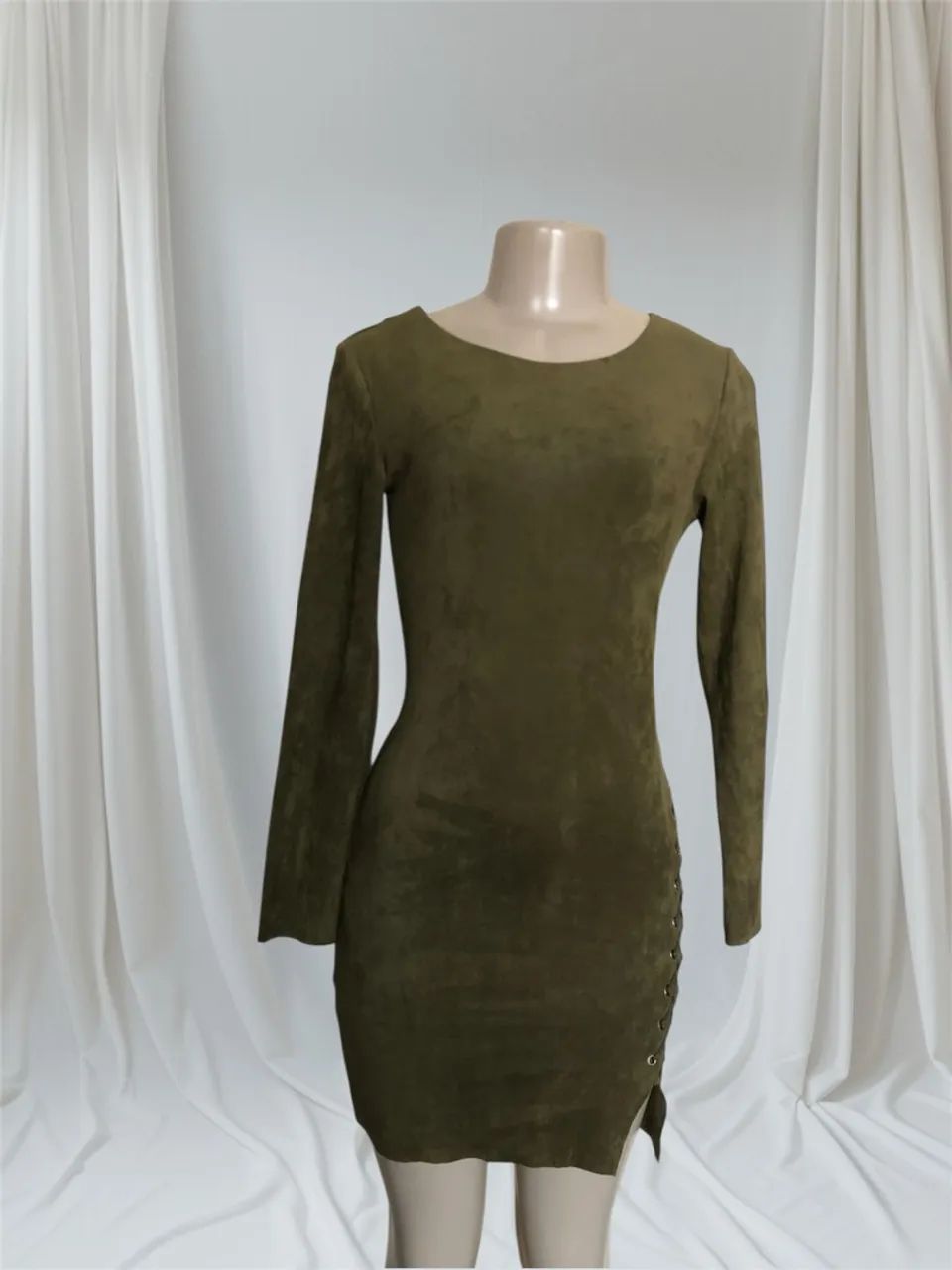 Vestido Manga Longa Verde Suede