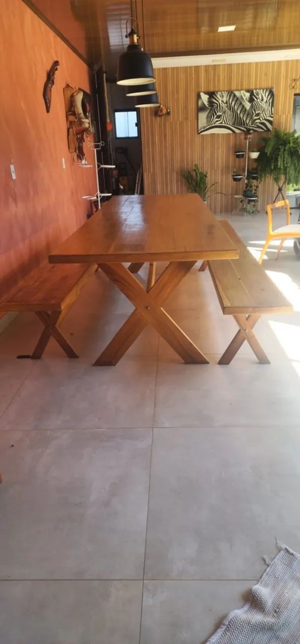 Mesa de Cedro Maciço 3 Metros com 2 Bancos - Rústica - Foto 3