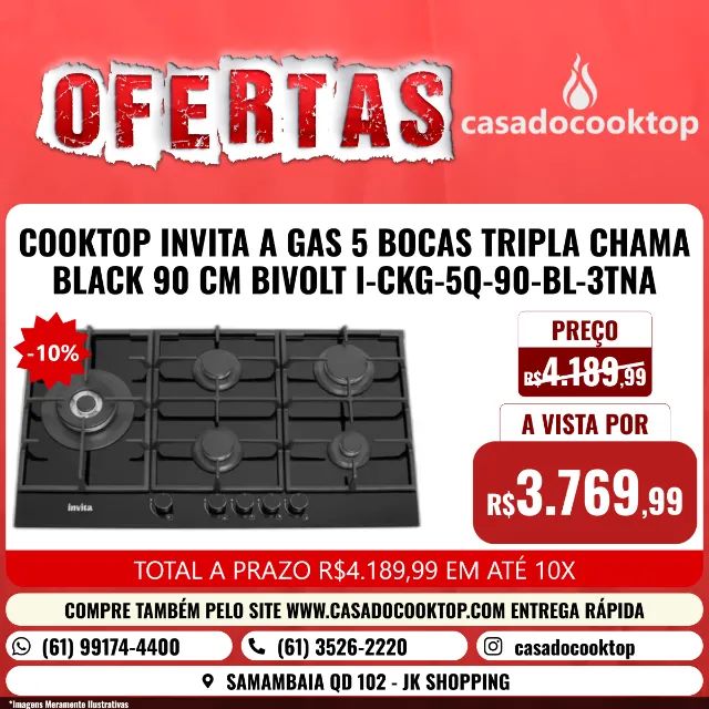 COOKTOP INVITA A GAS 5 BOCAS TRIPLA CHAMA BLACK 90 CM BIVOLT I-CKG-5Q-90-BL-3TNA