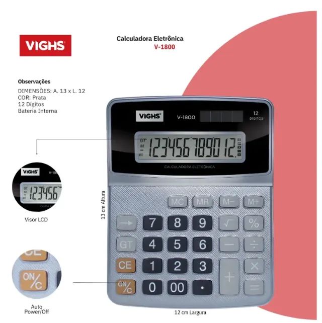 Calculadora De Mesa Vighs V-1800 12 Dígitos Visor Lcd Cor Prata - Foto 4