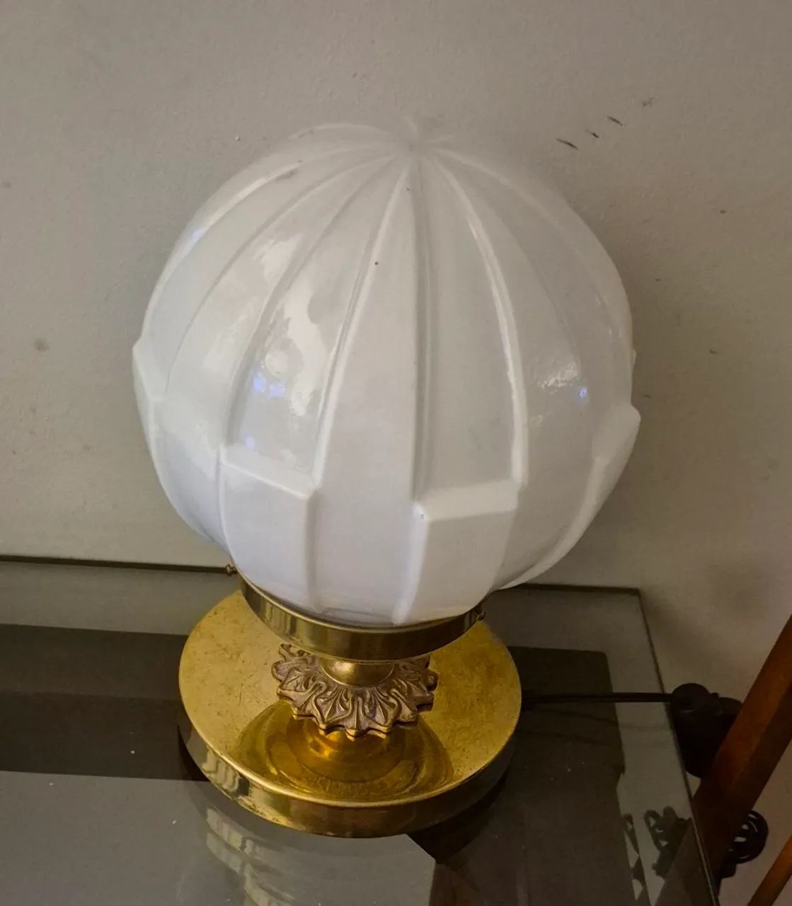  ART DECO Luminária de mesa base madeira com metal opalina 