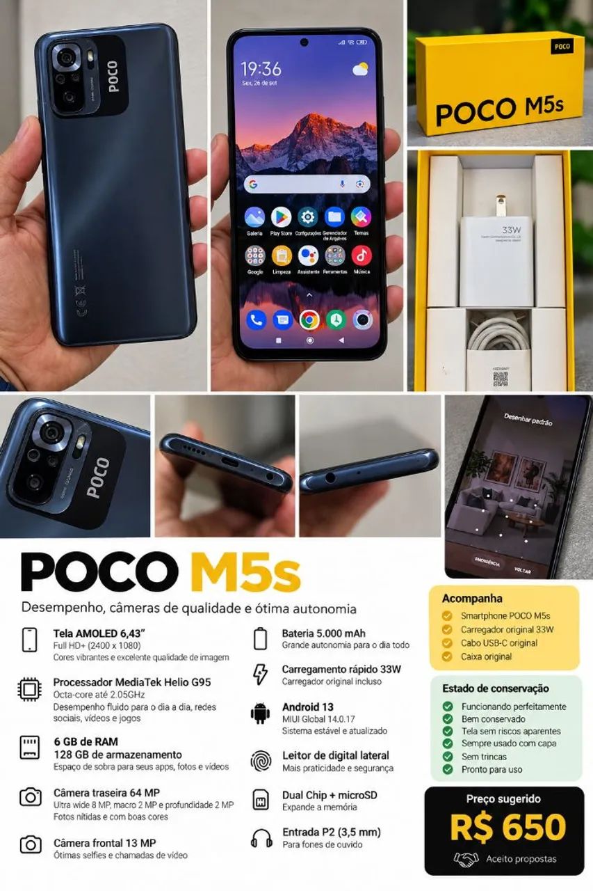 POCO M5s 128GB 6GB RAM - AMOLED - 64MP - Completo
