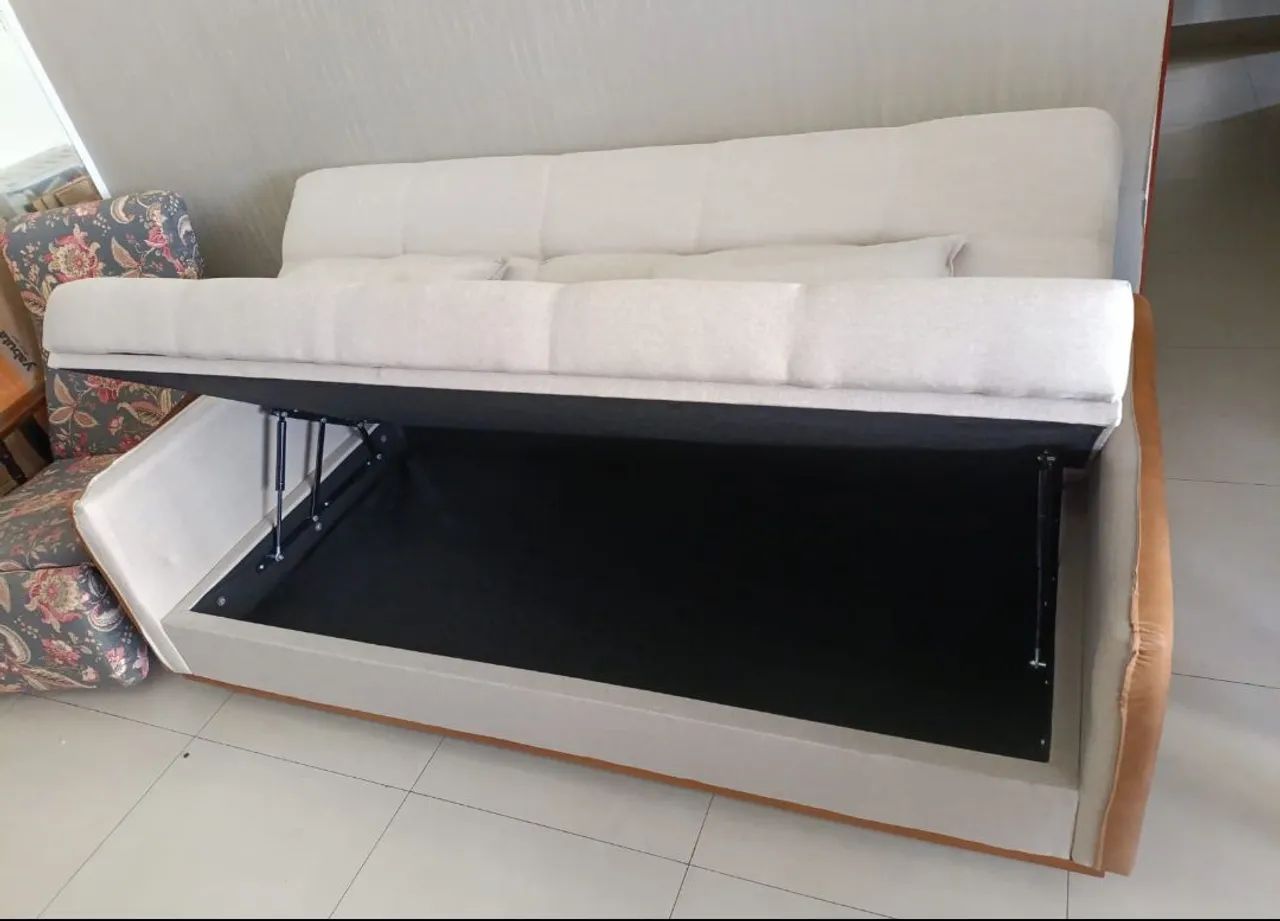 Sofá cama com baú a pronta entrega no linho 