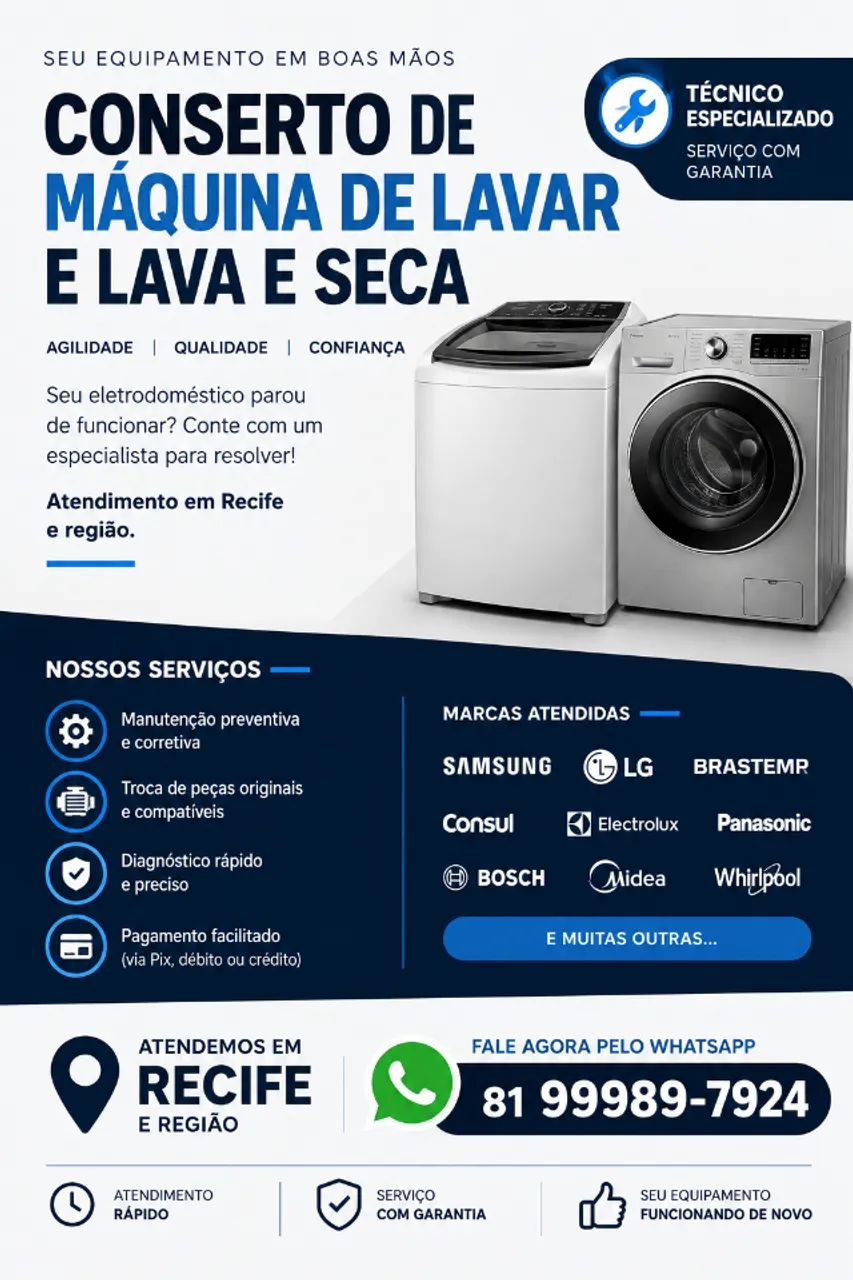 CONSERTO DE MÁQUINA DE LAVAR E LAVA E SECA EM RECIFE 