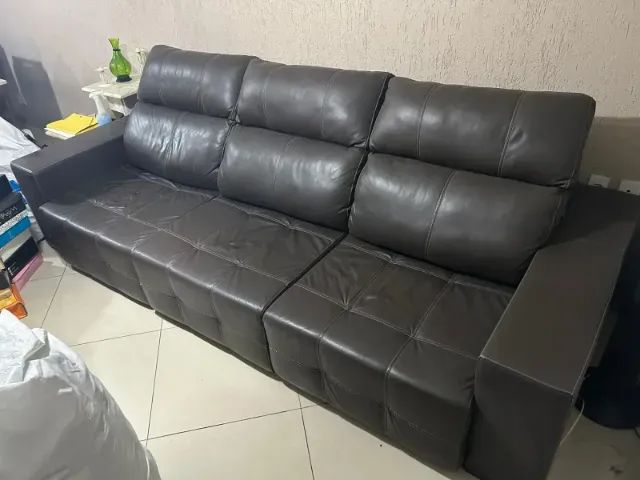 Sofá De Couro Marrom Escuro Retrátil | Excelente Estado - Foto 2