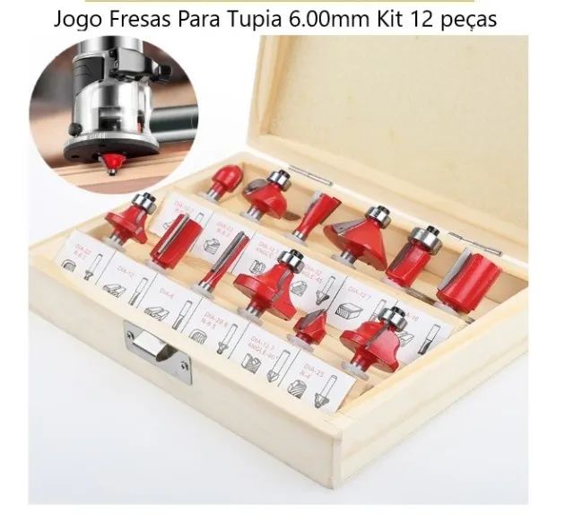 Jogo de Fresas Para Tupia Madeira Kit Completo 12 Peças Com Estojo
