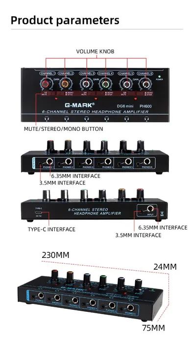 Amplificador de Fone de Ouvido 6 Canais G-MARK DG6 Mini
