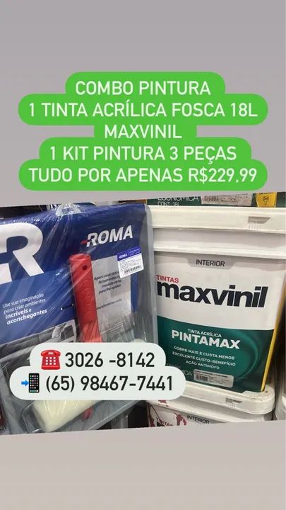 Combo de Tinta Acrílica Fosca 18L + Kit de Pintura 3 Peças Maxvinil