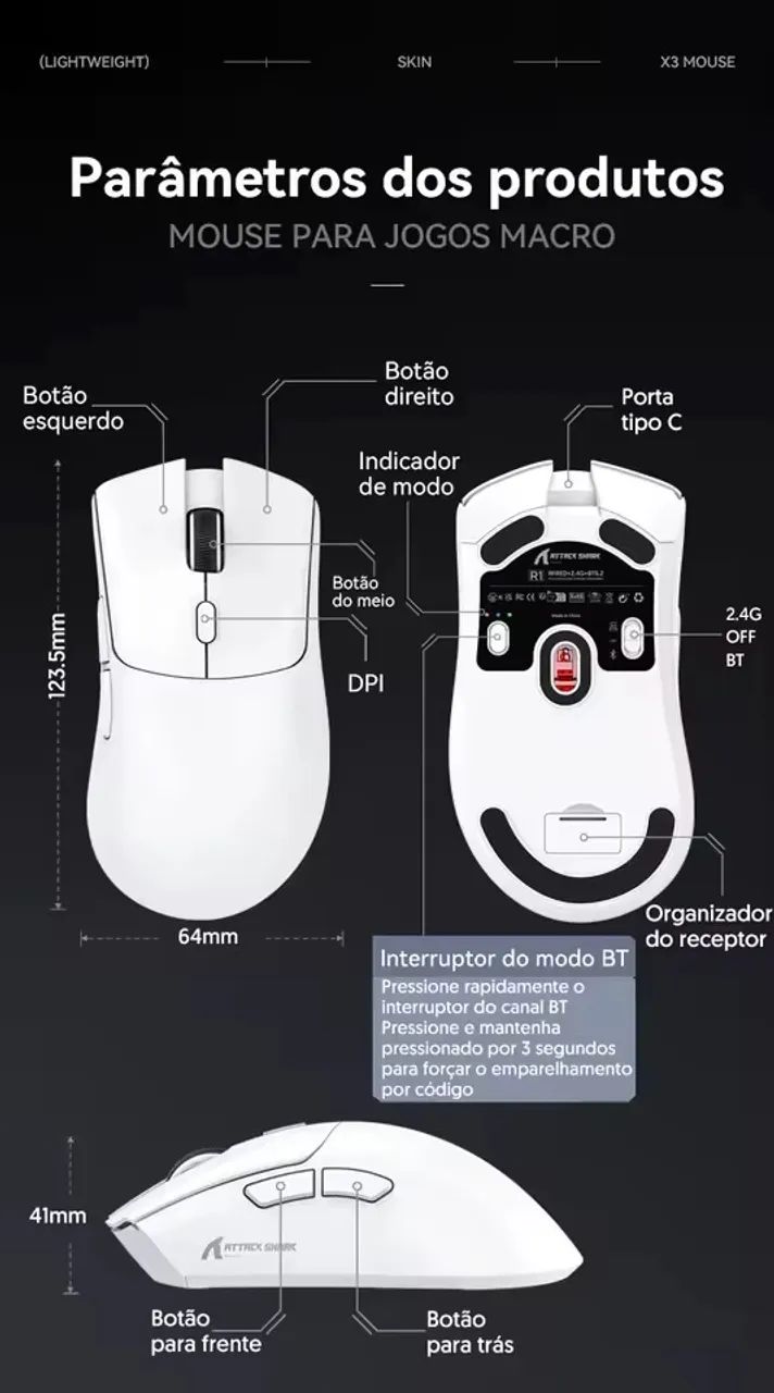 NOVO! Mouse Gamer Attack Shark R1 | 60g, Tri-Mode, Sensor 3311! - Foto 5