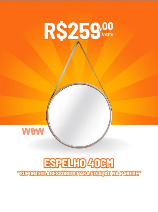 Espelho 40cm com Cinto em Couro + Suporte de Parede - R$259