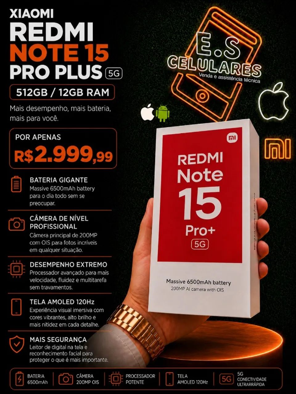 XIAOMI REDMI NOTE 15 PRO PLUS 5G 512GB/12GB RAM - NOVO COM GARANTIA