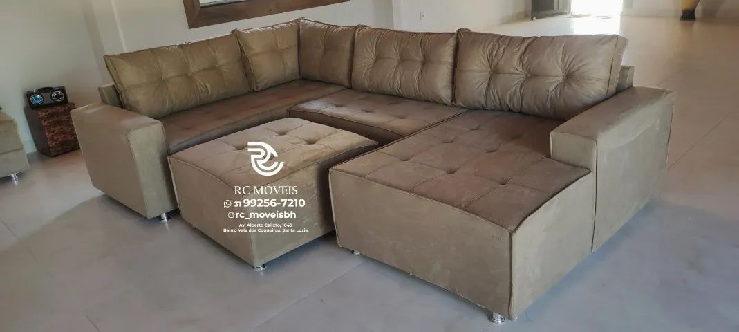Sofá de canto Grande 3,10m com Chaise e Puff veludo macio D33 Premium | Pronto Para Entreg - Foto 2