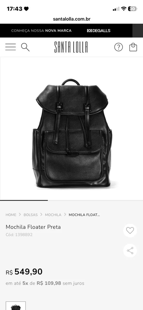 Mochila Santa Lolla nova (sem uso)