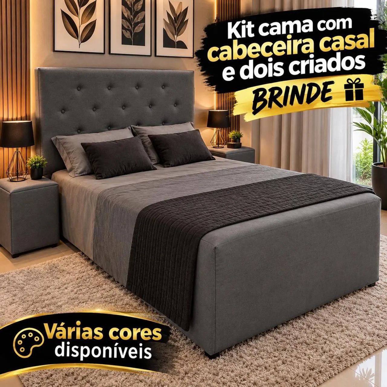 CAMA Box ACOLCHOADA + CABECEIRA + Criados Puff - Foto 3
