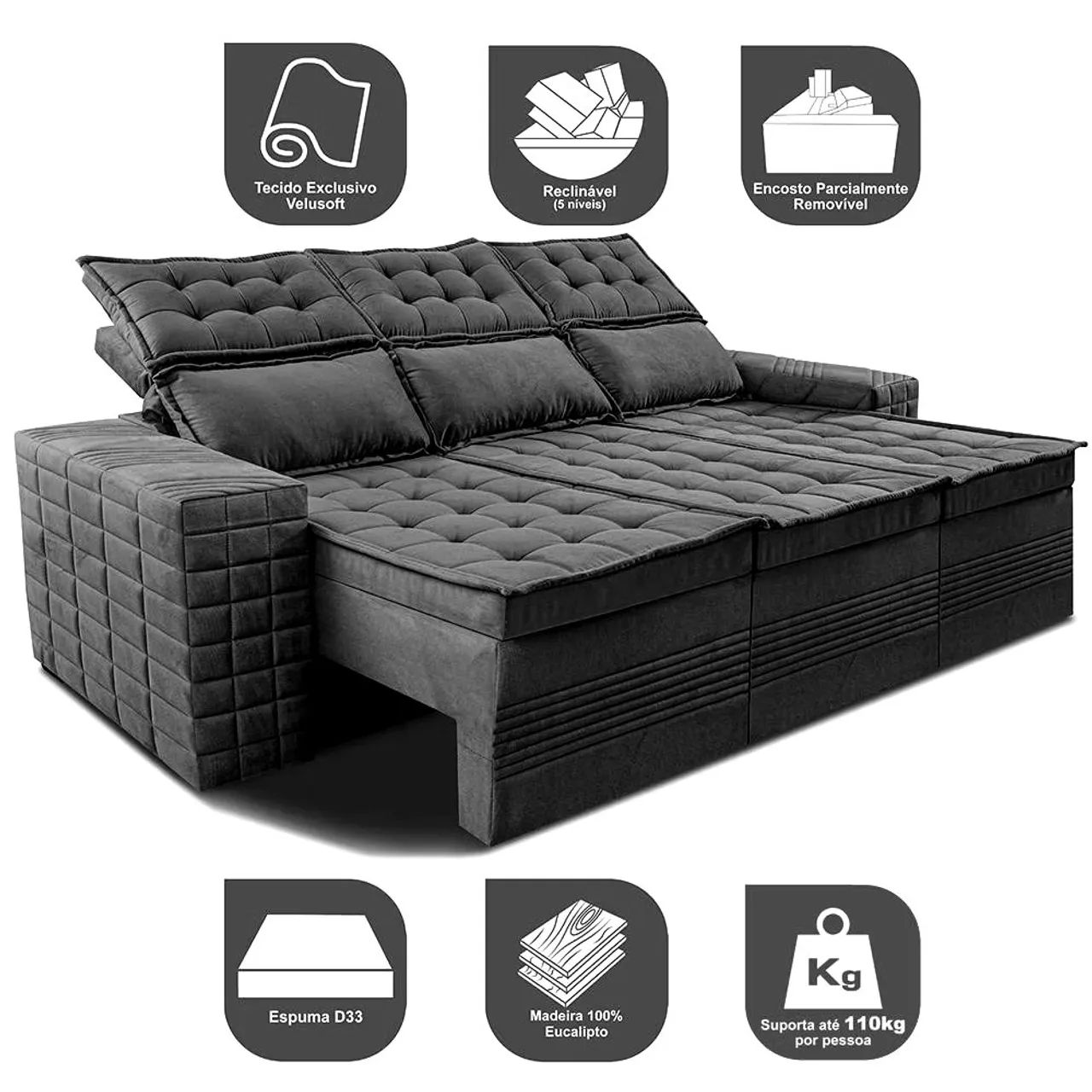Sofá 3 Lugares Retrátil e Reclinável Cama inBox Senses 2,00m Velusoft Cinza - Foto 4