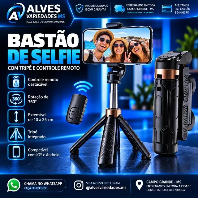 Bastão de selfie com tripé de mesa controle bluetooth 