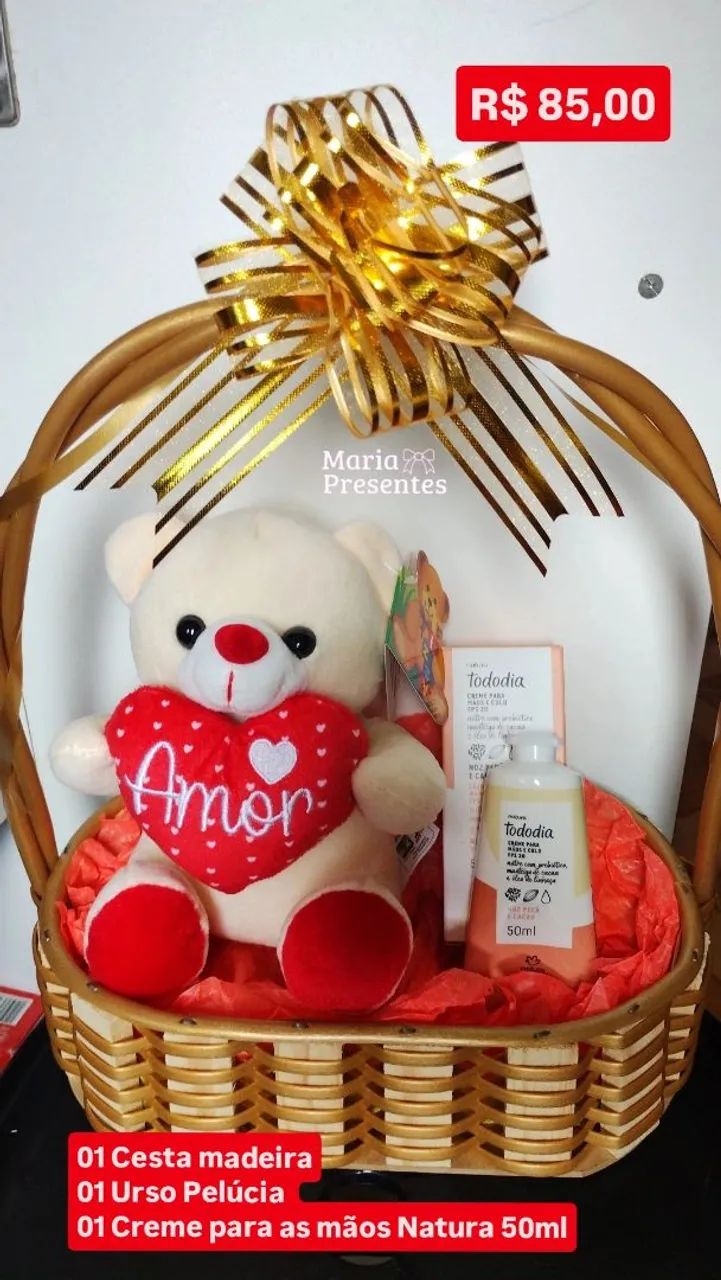 Promoção Cesta presente com urso pelúcia e creme para as mãos natura - Foto 2