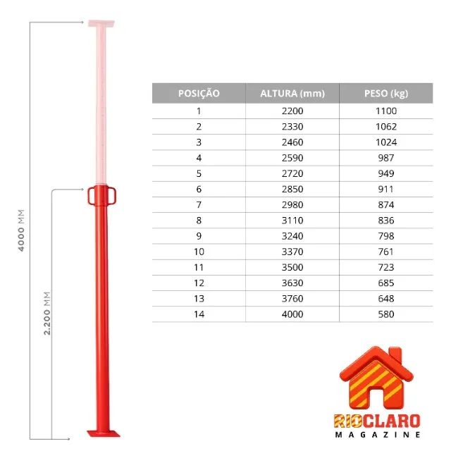 Escoras Metálica Ajustável P/ Laje Regulável De 2,20m A 4,0m. Aço SAE 1020 Galvanizado - Foto 4