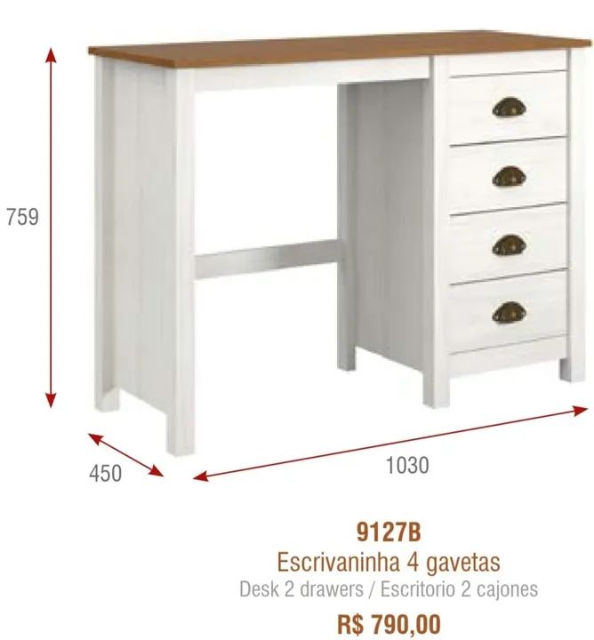 Escrivaninha 4 Gavetas - R$ 790,00 - Foto 2