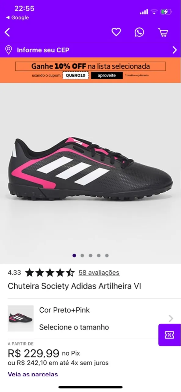 Chuteira Society Adidas Artilheira VI Preto+Pink