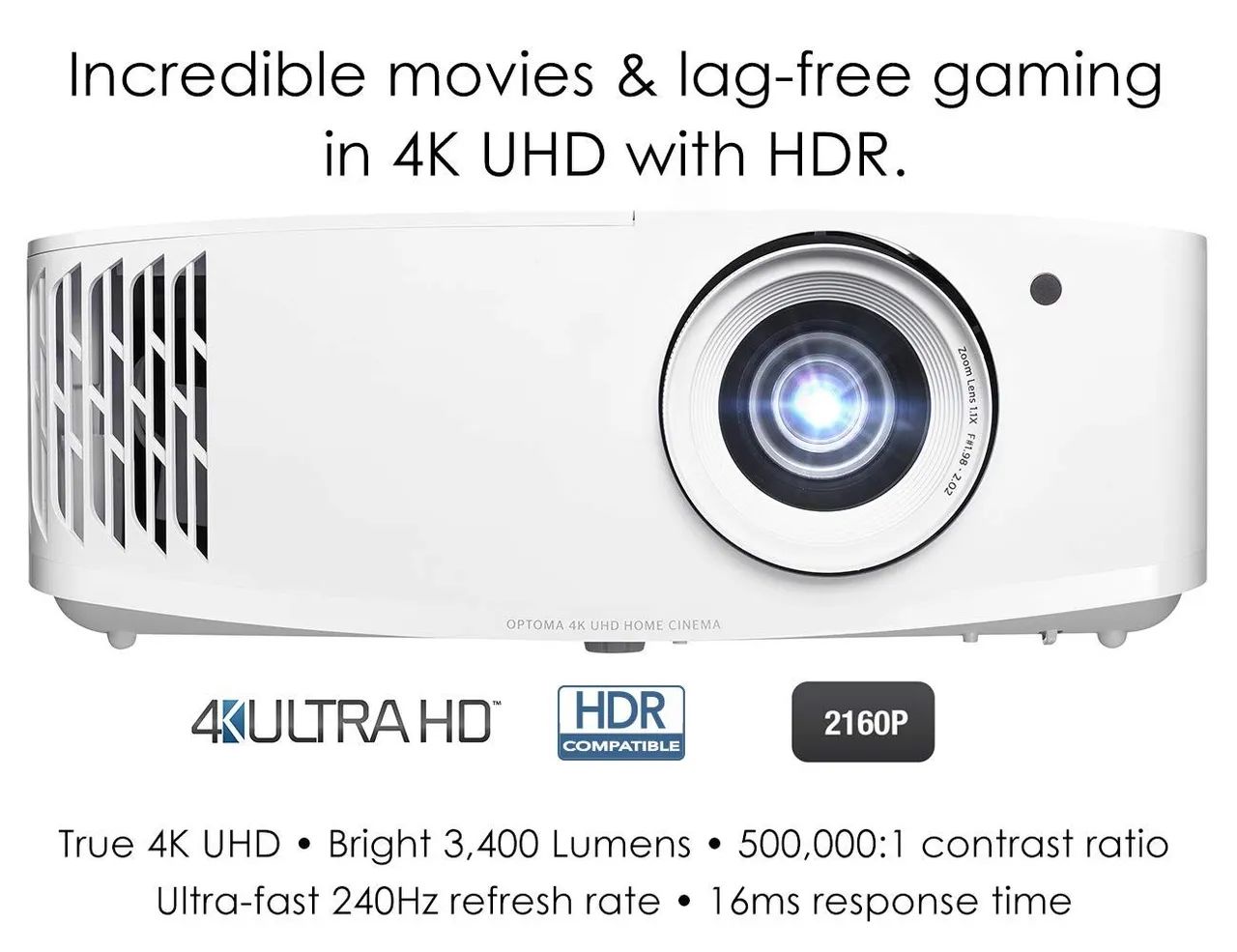 Projetor Óptoma Uhd30 4k Nativo Gamer 3400 Lumens 240hz Hdr