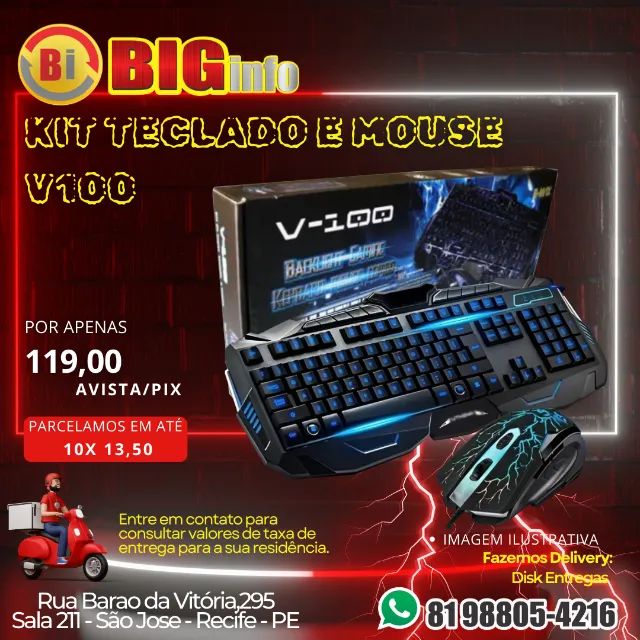Teclado Kit Gamer Mouse Gamer V-100 USB Para Jogos