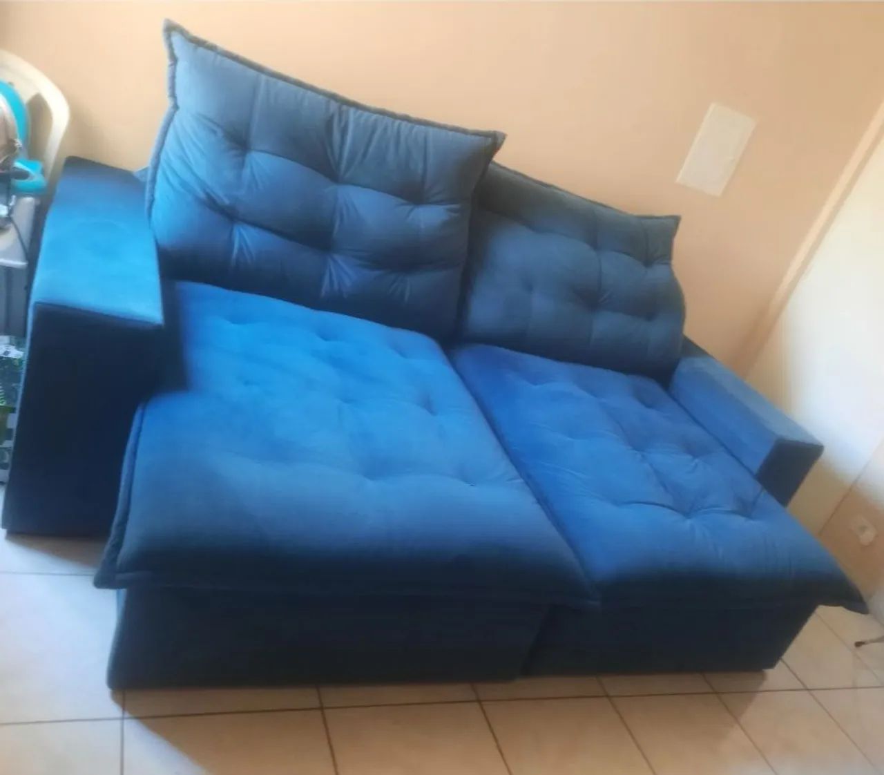 Sofá Retrátil e Reclinável - Veludo Azul (Excelente Estado)