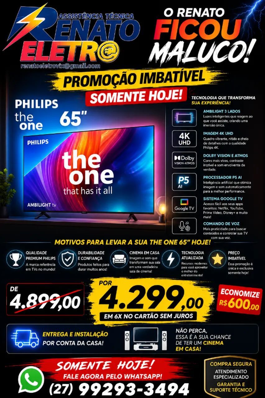SOMENTE HOJE!!!!!!!! - TV 65" PHILIPS THE ONE