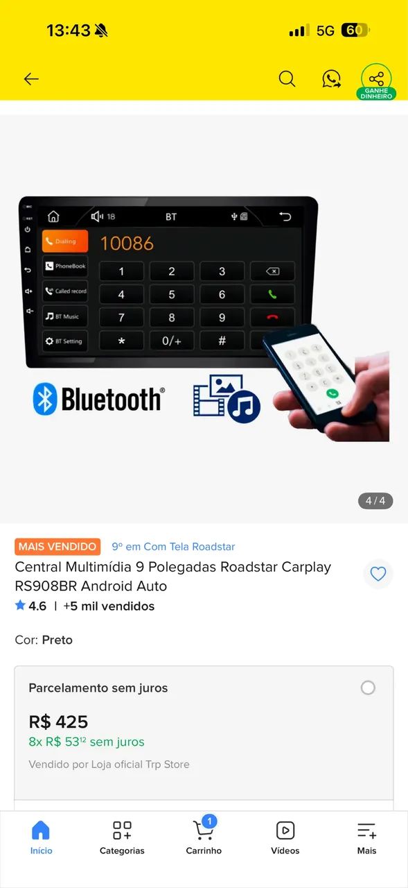 Central Multimídia 9  Roadstar Carplay RS908BR Android Auto