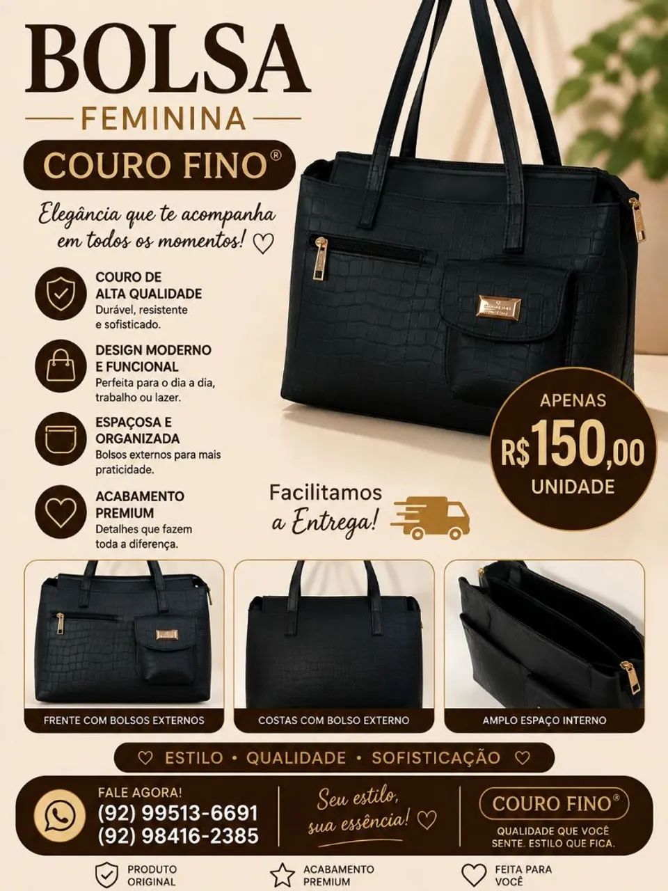 Bolsa Feminina Couro Fino 
