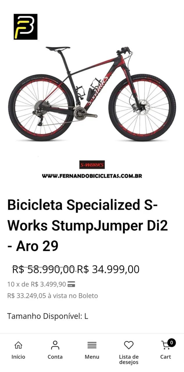 SPRCIALIZED S-WORKS STUMPJUMPER DI2 Aro 29 Tamanho M - Ciclismo