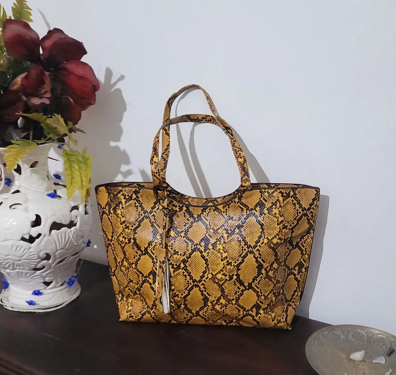 Bolsa Feminina Grande de Ombro - Estampa Python / Cobra Amarela