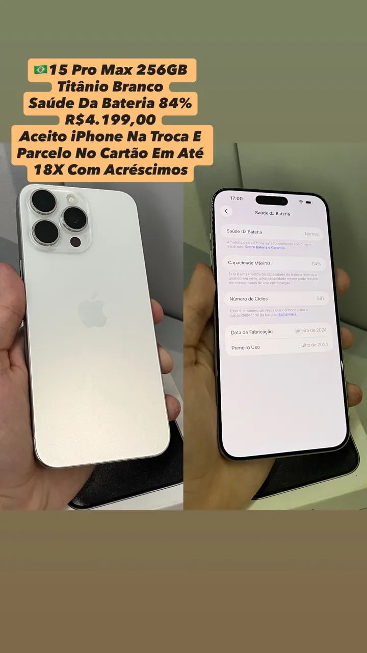 iPhone 15 Pro Max 256GB Titânio Branco - Saúde Da Bateria 84% (Usado)