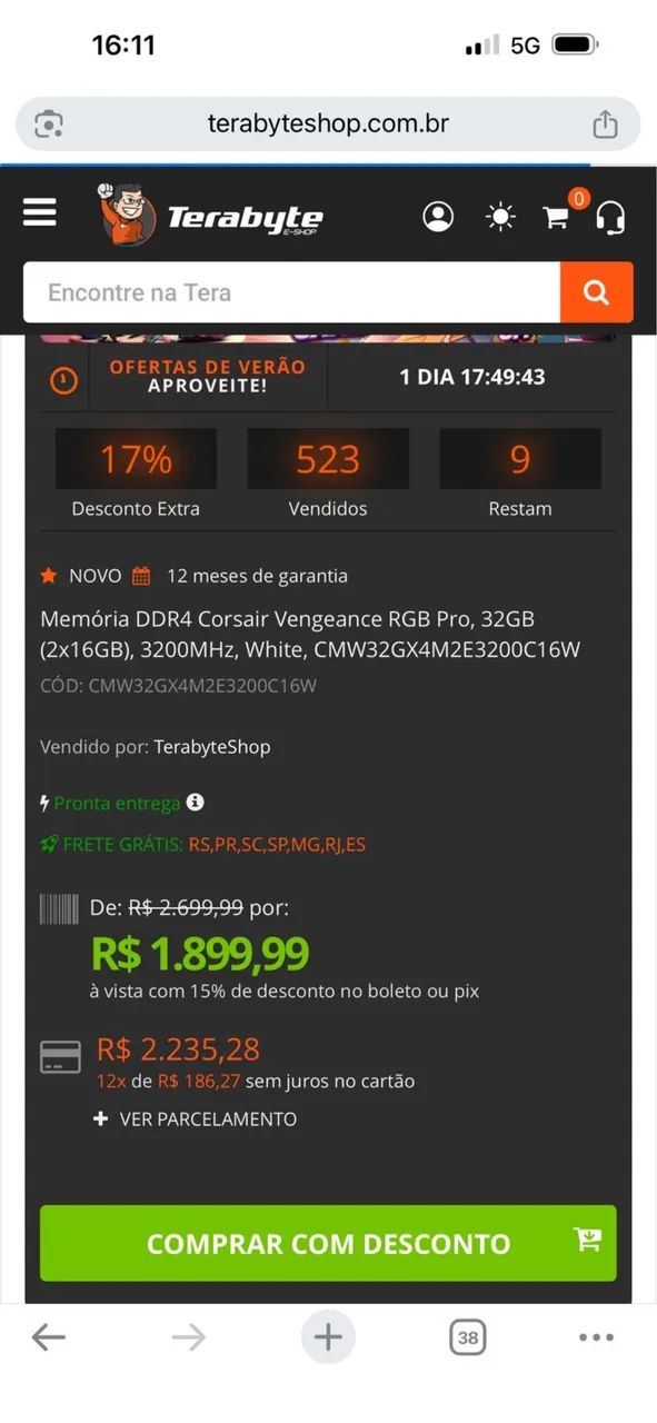 1x32 Memória DDR4 Corsair Vengeance Pro RGB não venha chorar preço não abaixo  só venda  - Foto 2