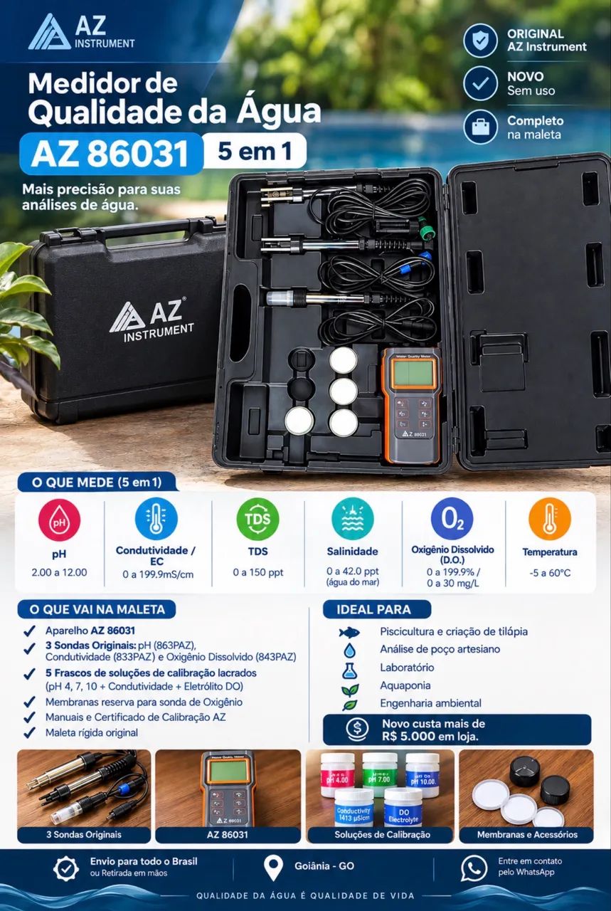 Medidor de Qualidade da Água AZ 86031 5 em 1 - Completo com Maleta