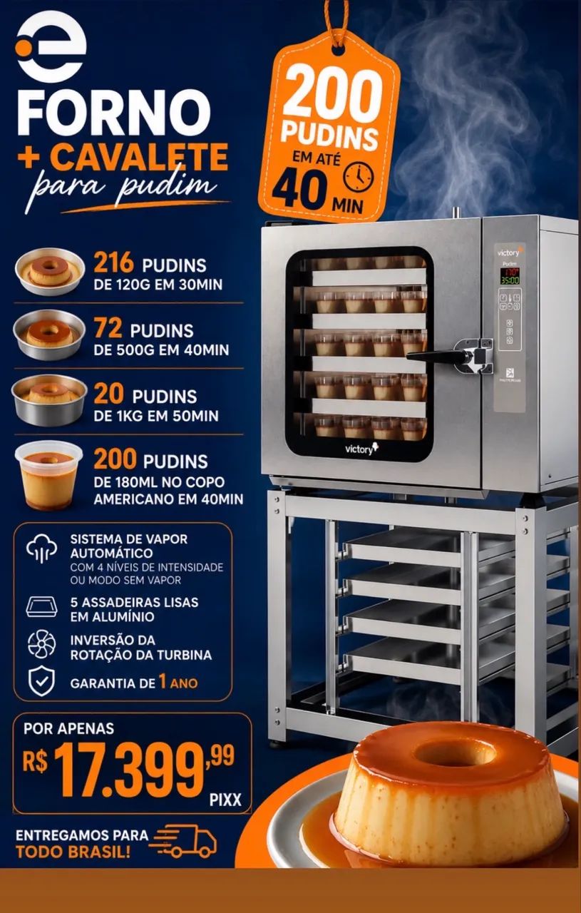 Forno de pudim alta produção com cavalete e 5 assadeiras Novo 