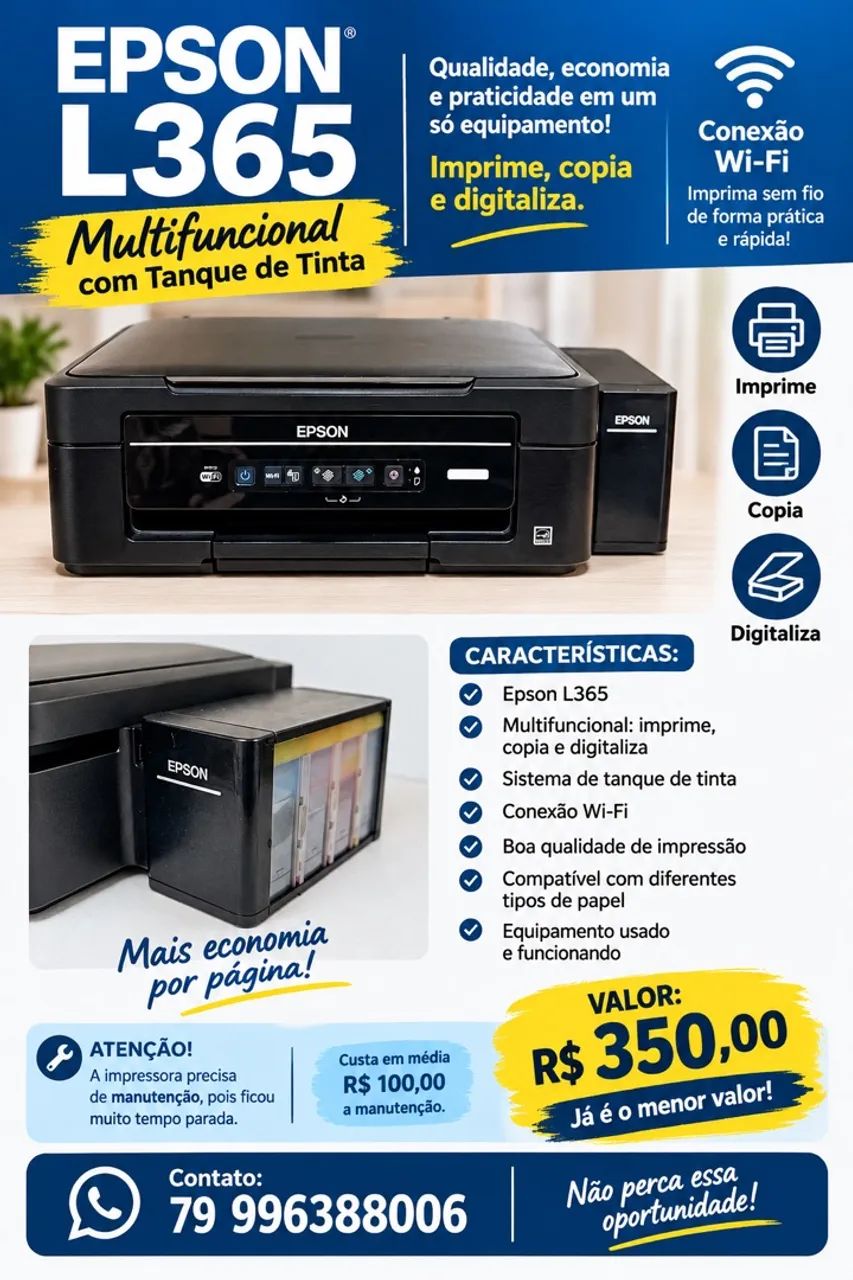 Impressora Multifuncional Epson L365 - Tanque de Tinta