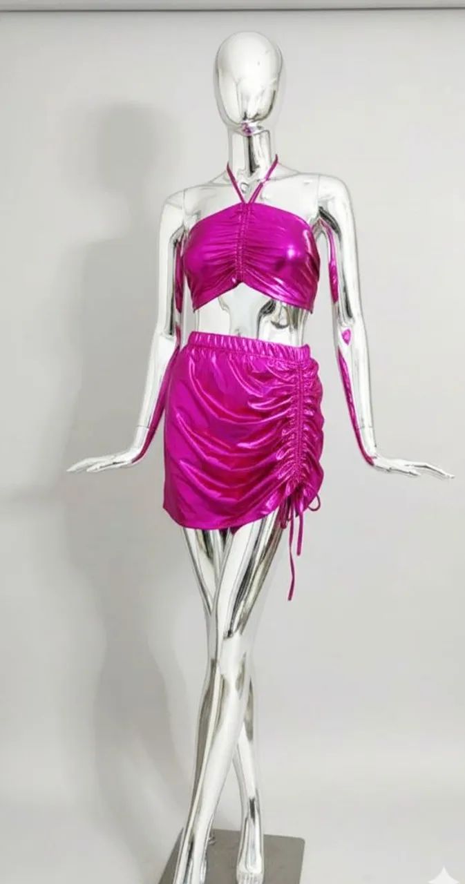 Conjunto saia e crooped metalizado limeligth 