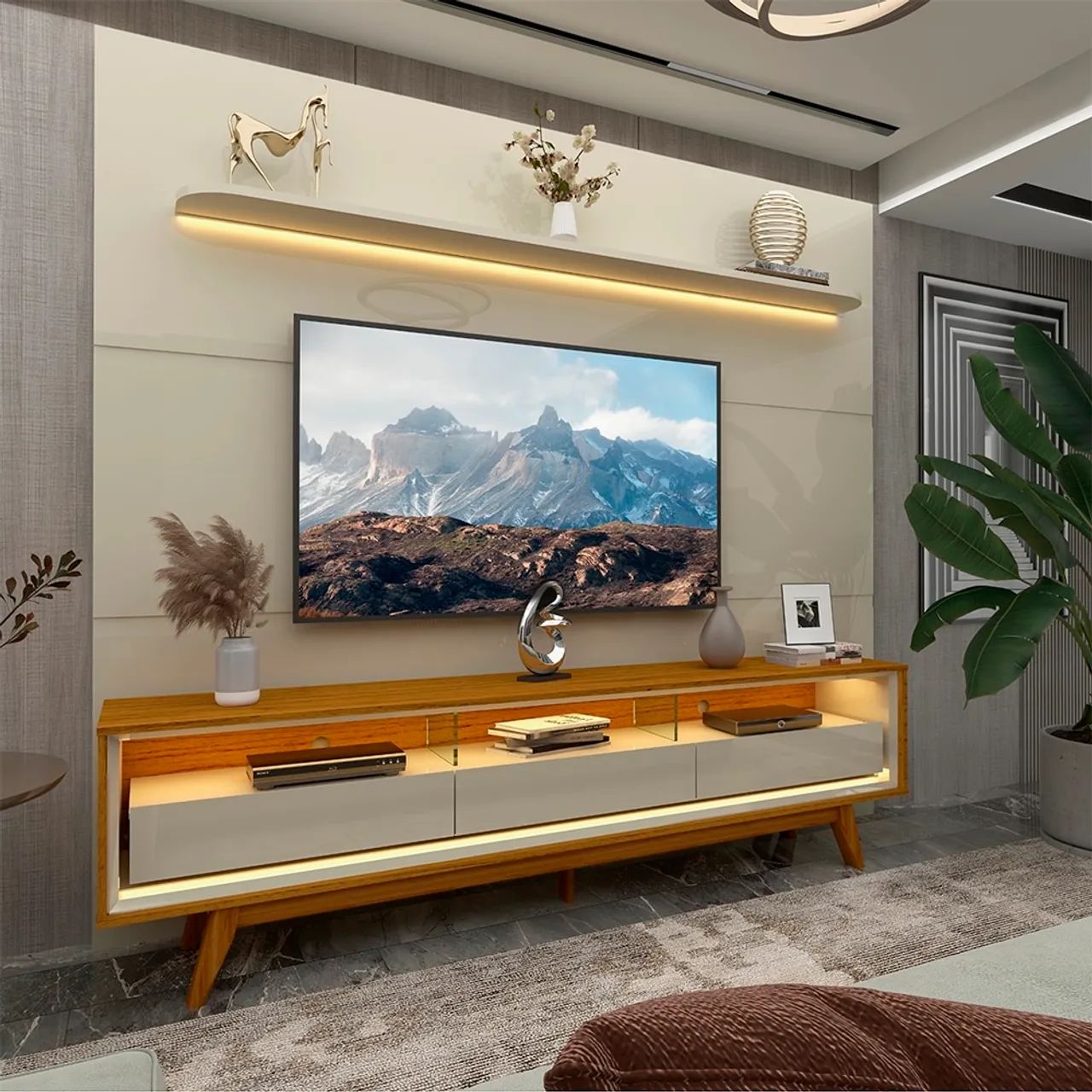 Painel 220 Off White + Rack Retrô com LED tt654