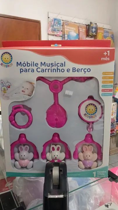 Mobile Musical Carrinho e Berço Coelhinho Rosa