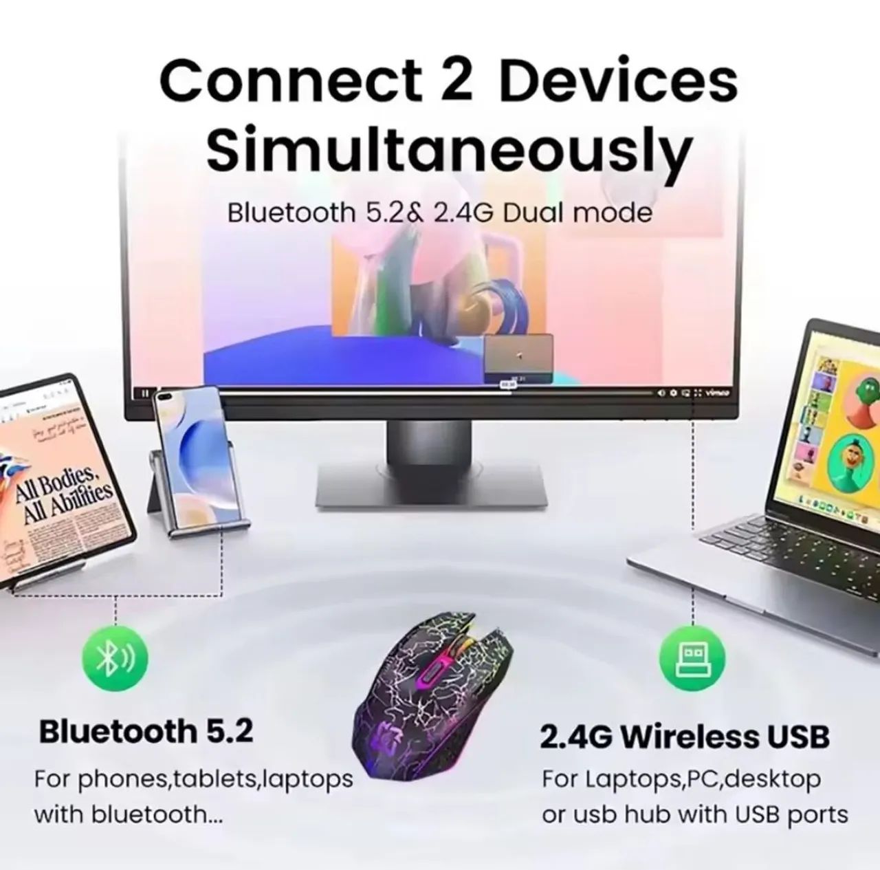 Mouse sem fio Recarregável RGB Bluetooth+Wireless 2,4gh - Foto 3