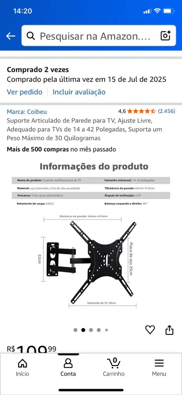 Suporte Articulado de Parede da marca Coibeu, Compatível com TVs/monitores de 14" a 42" - Foto 2