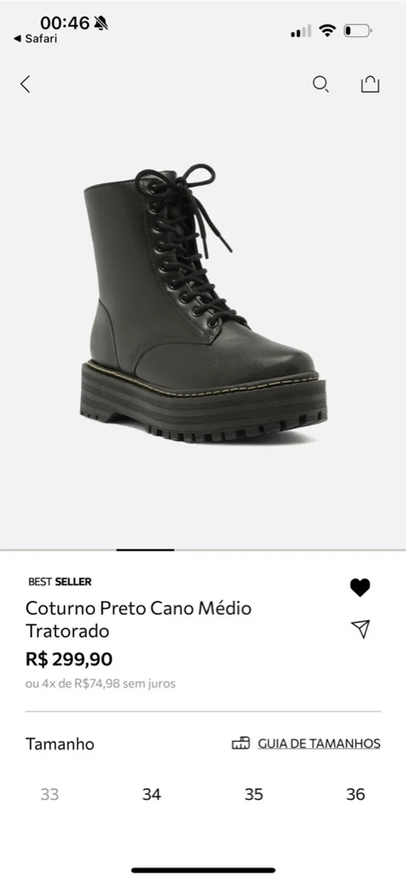 Coturno Preto Cano Médio Tratorado Arezzo Novo