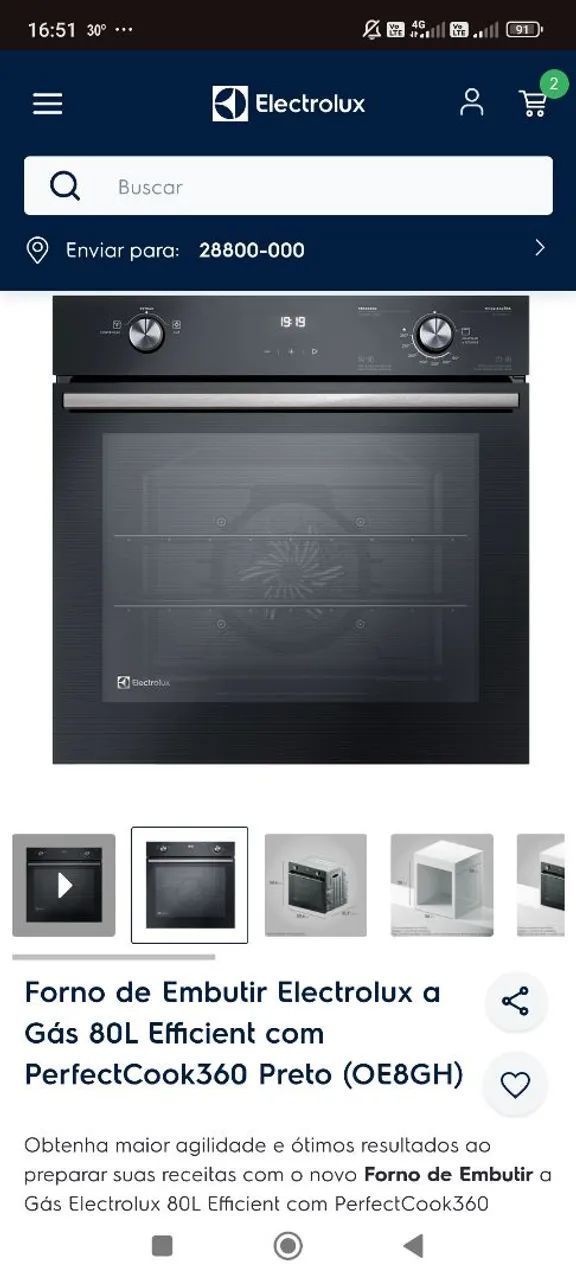Forno de Embutir Electrolux a Gás 80L Efficient com PerfectCook360 Preto (OE8GH) - Foto 3