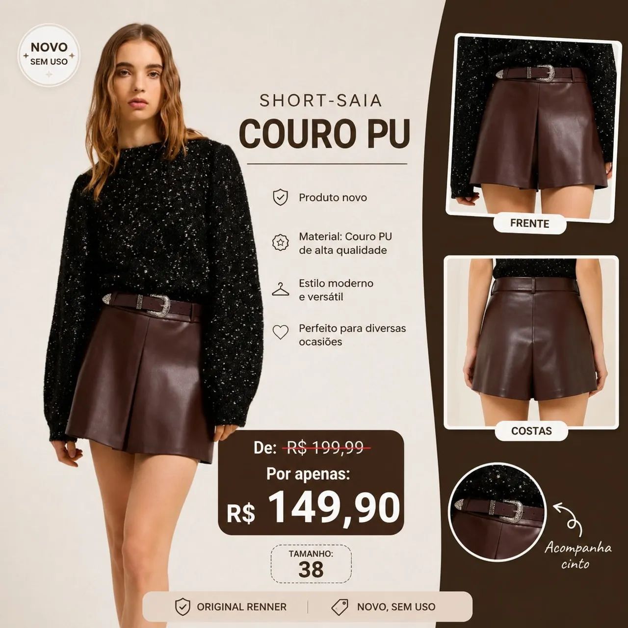 Short saia couro PU 