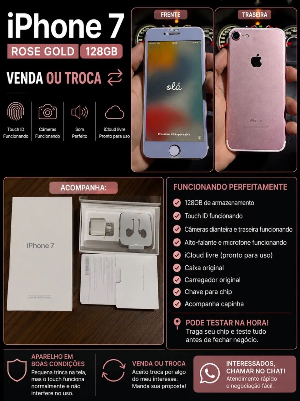iPhone 7 128GB Rose - iCloud Livre - Touch ID OK - Celulares e